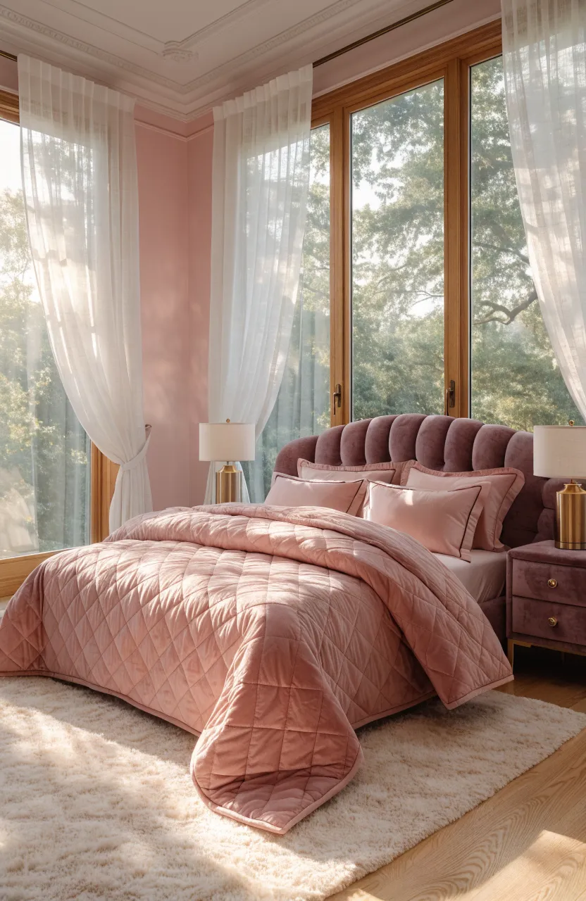 A cozy pink bedroom featuring a bed layered with a dusty rose quilted coverlet and plush pillows in golden hour light.