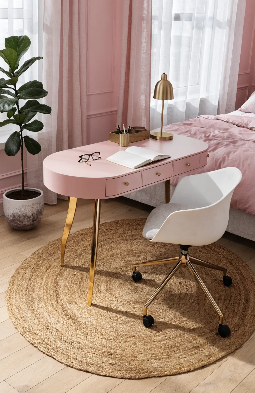 A circular jute rug under a modern pink desk in a bright, cozy bedroom workspace.