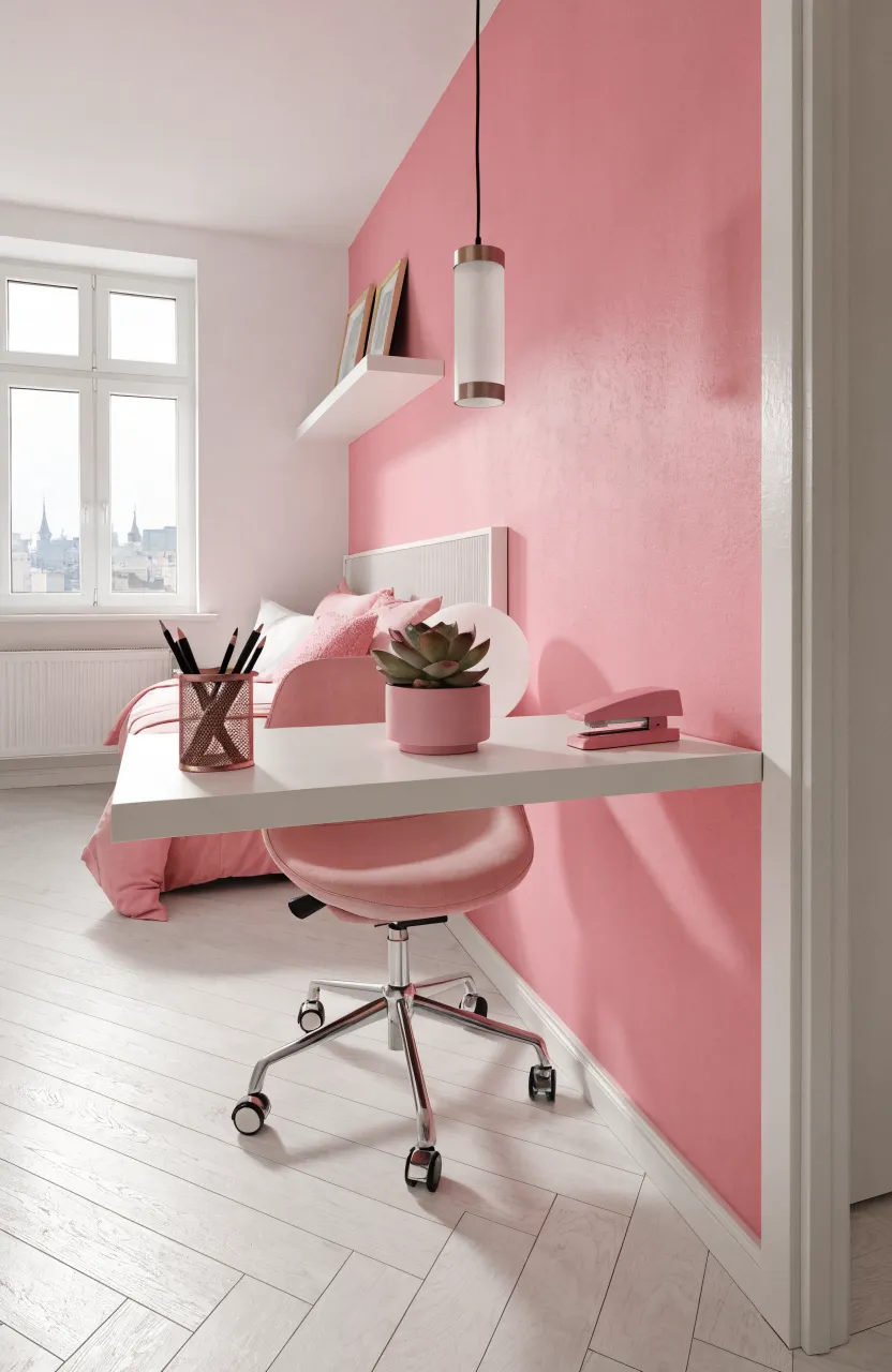 A white floating desk mounted on a pink wall in a small, organized, and cozy bedroom.