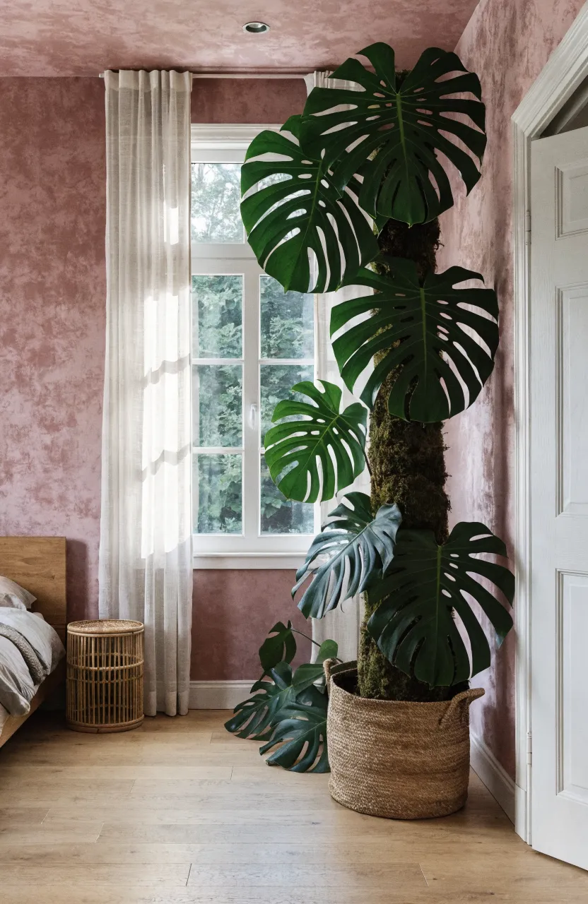 A large green Monstera plant stands in the corner of a bedroom with elegant dusty rose walls.