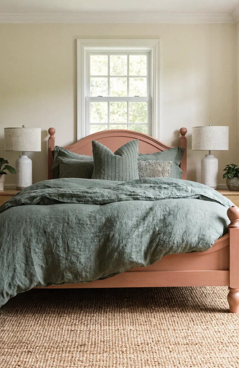 Sage green linen bedding layered on an earthy pink bed frame in a bright, airy bedroom.
