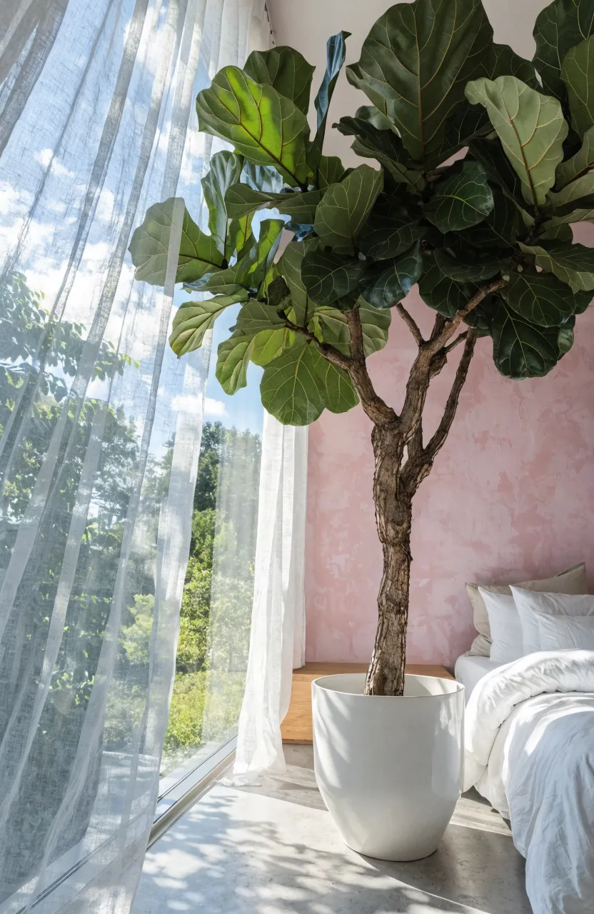A tall Fiddle Leaf Fig tree stands against a pale pink accent wall in a sunlit bedroom.