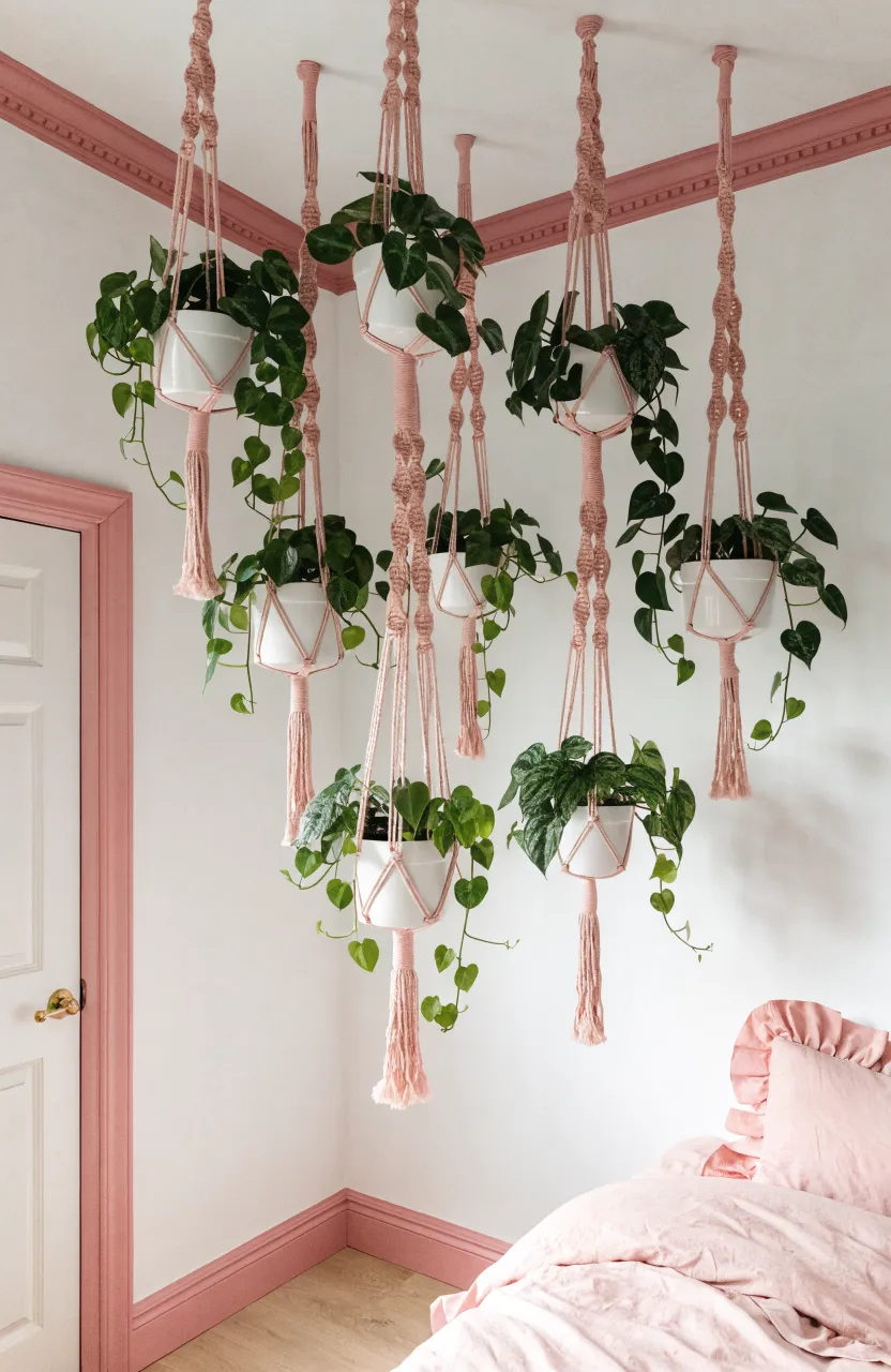 Blush pink macramé hangers with trailing green plants in a cozy bedroom corner.