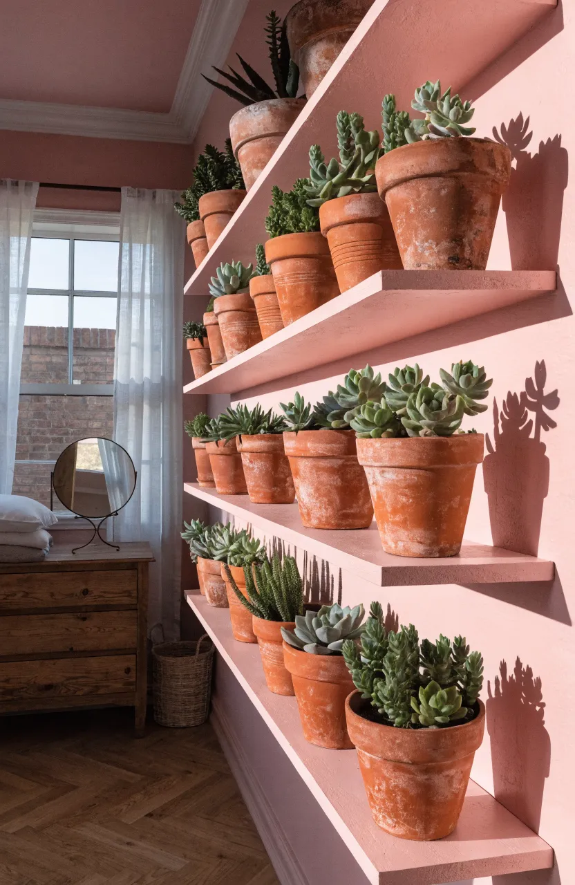 Small succulents in terracotta pots arranged on pink floating shelves on a bedroom wall.