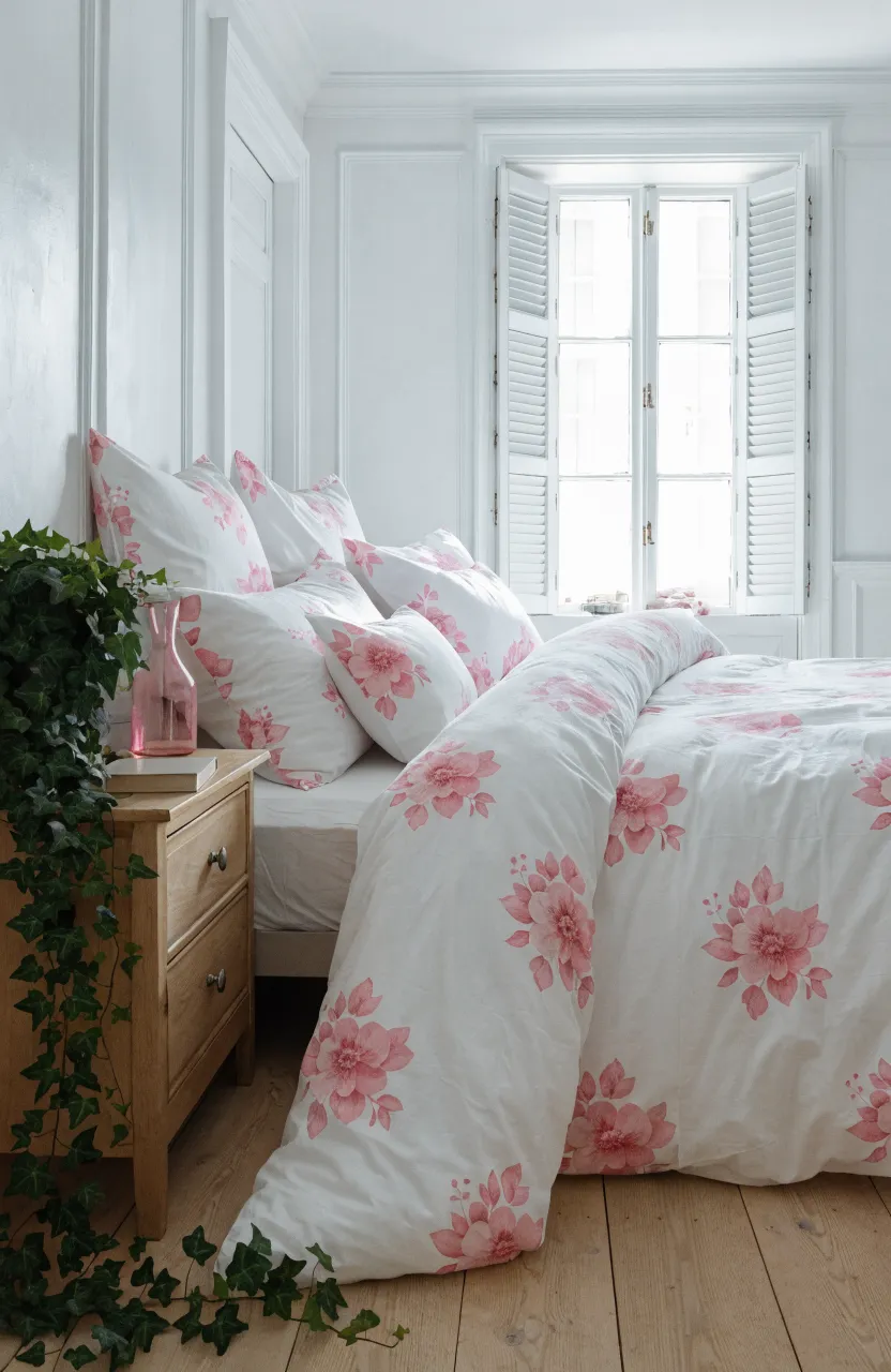White bedding with pink floral pillows and a green ivy plant on a bedside table.