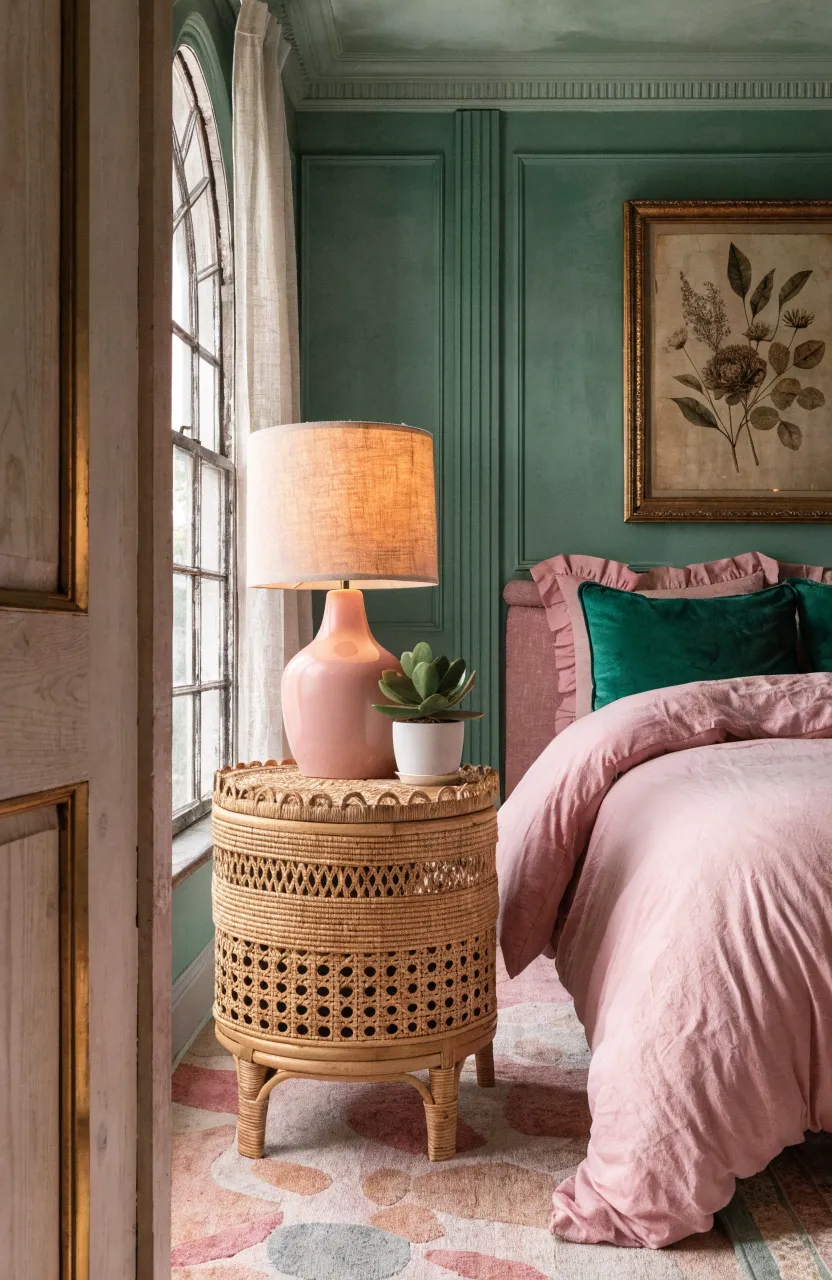 A rattan nightstand with a Jade plant and pink lamp in a cozy pink and green bedroom.