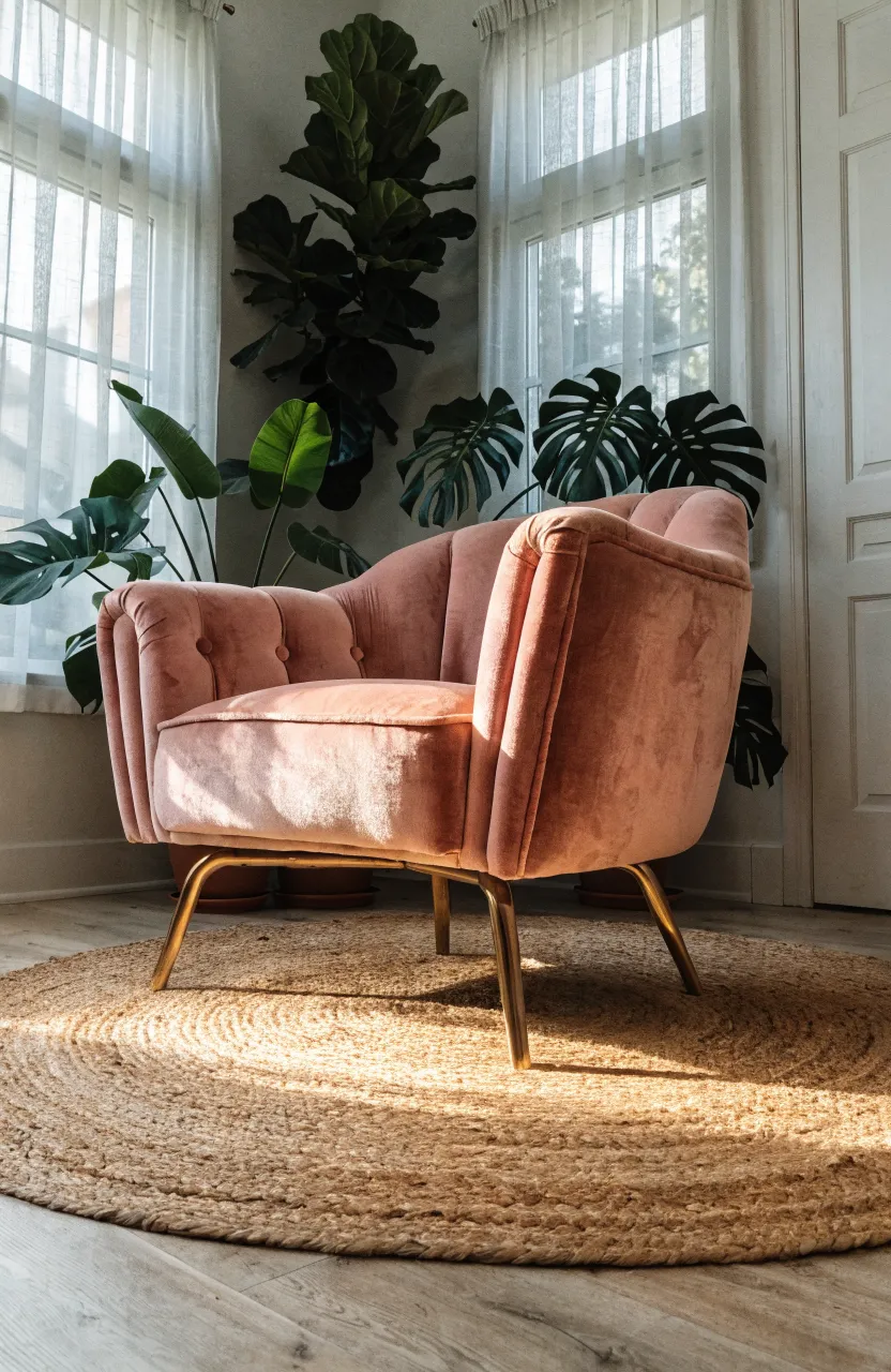 A pink velvet armchair sitting on a natural jute rug in a bright bedroom with plants.