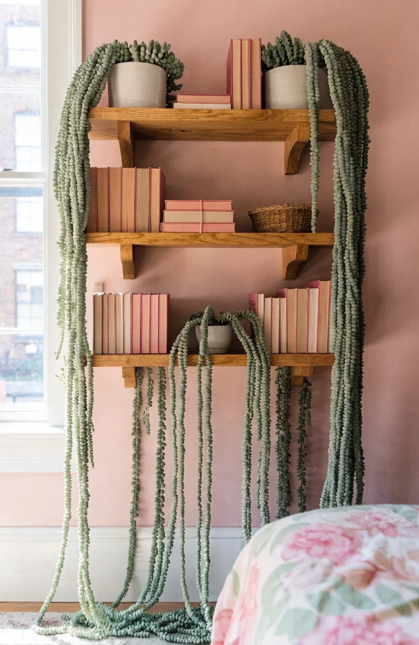 Floating wood shelves with a trailing Burro's Tail plant and pink books against a pink wall.