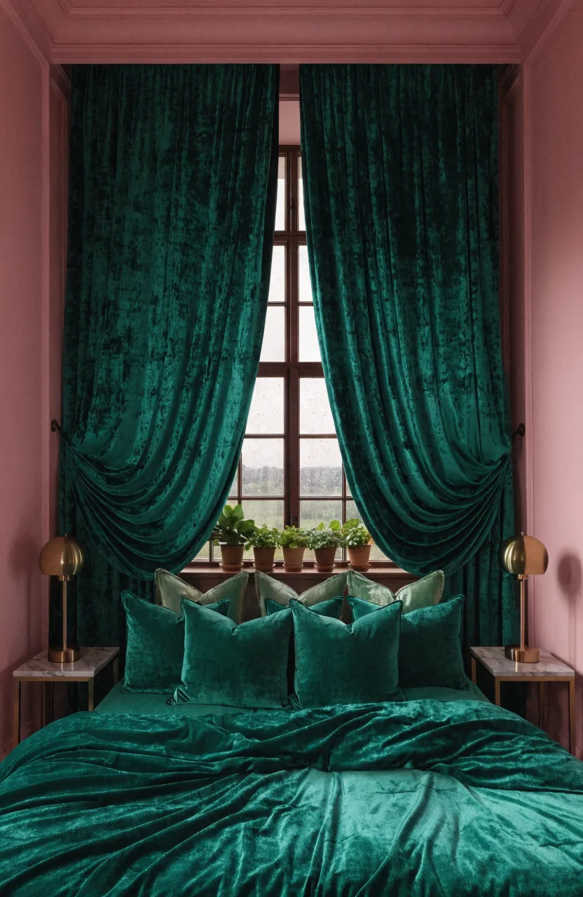 Heavy emerald green curtains framing a window in a bedroom with soft pink walls.