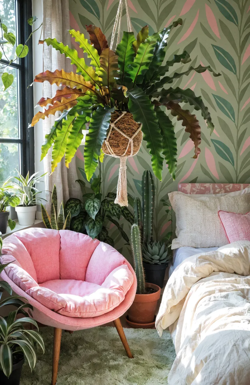 A hanging Bird's Nest Fern above a pink reading chair in a bright, plant-filled bedroom.