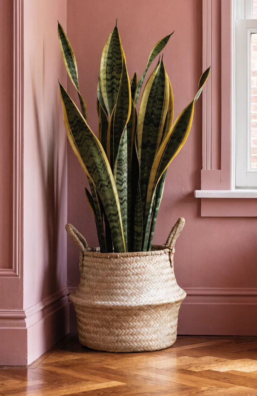 A tall Snake Plant in a woven seagrass basket in the corner of a pink bedroom.