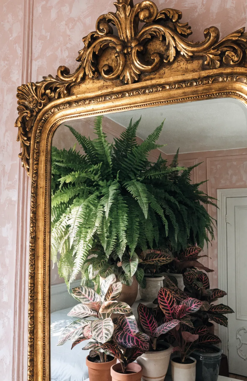 An ornate gold mirror reflecting a cluster of green and pink plants in a cozy bedroom.