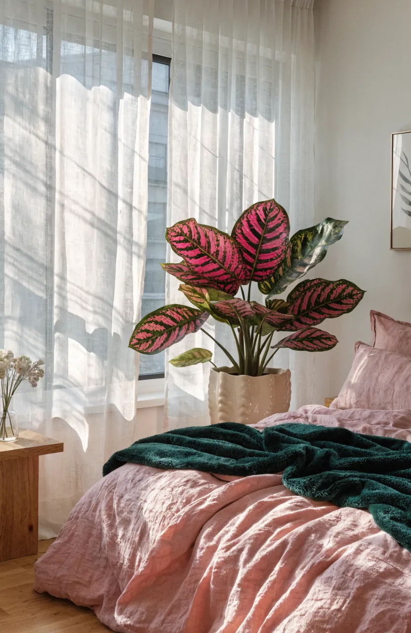 A cozy bedroom with pink bedding, green accents, and a Pink Calathea plant bathed in soft sunlight through sheer curtains.