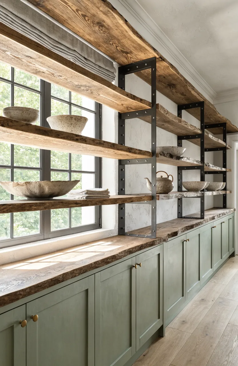 Modern boho kitchen featuring thick oak open shelves with matte black brackets on a white textured wall.