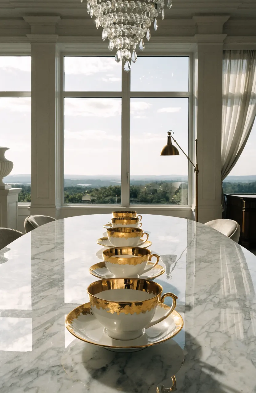 A luxurious dining room featuring a gold-rimmed white bone china tea set on a marble table.