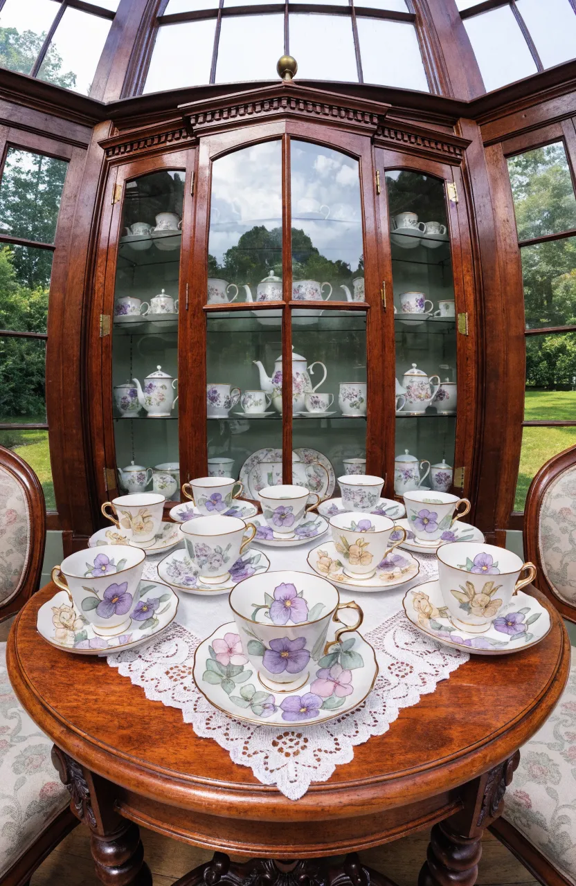 A bright sunroom with floral hand-painted teacups on a lace tablecloth and a garden view.