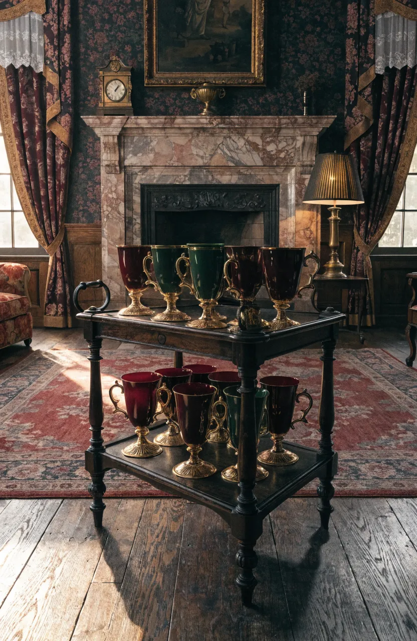 Ornate Victorian footed teacups in a dark, richly decorated drawing room with velvet drapes.