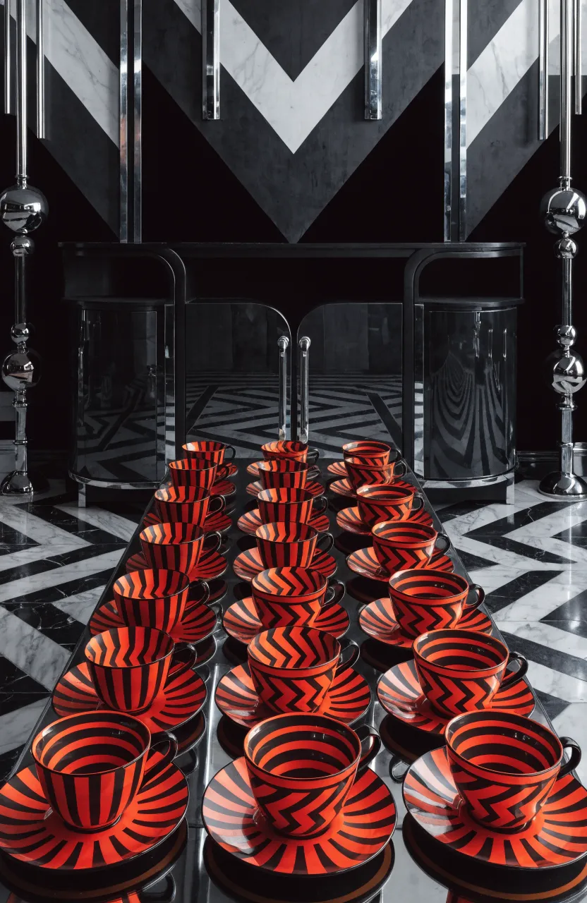 Bold Art Deco teacups with geometric patterns in a black and gold 1920s lounge.