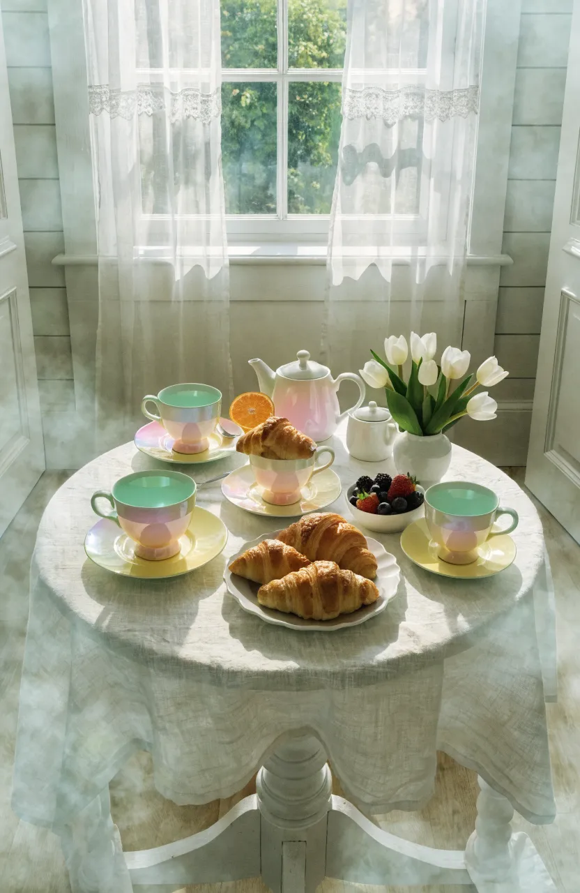 Iridescent pastel ombre teacups on a white table in a misty, sunlit breakfast nook.