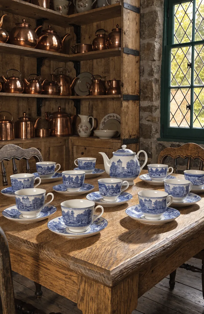 Classic blue and white transferware teacups with pastoral scenes in a rustic kitchen.