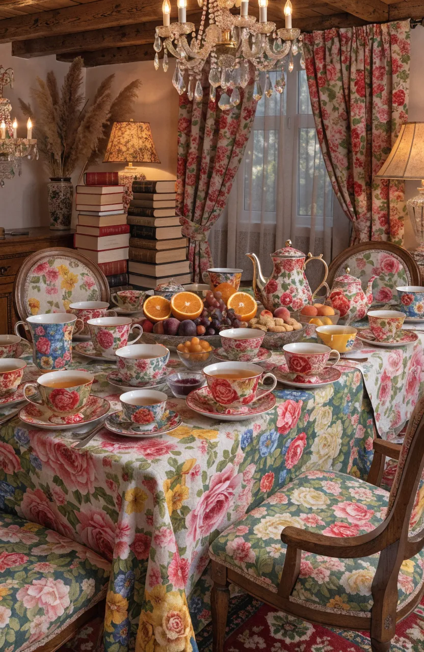Detailed floral chintz teacups in a colorful, maximalist cottage-style tea setting.