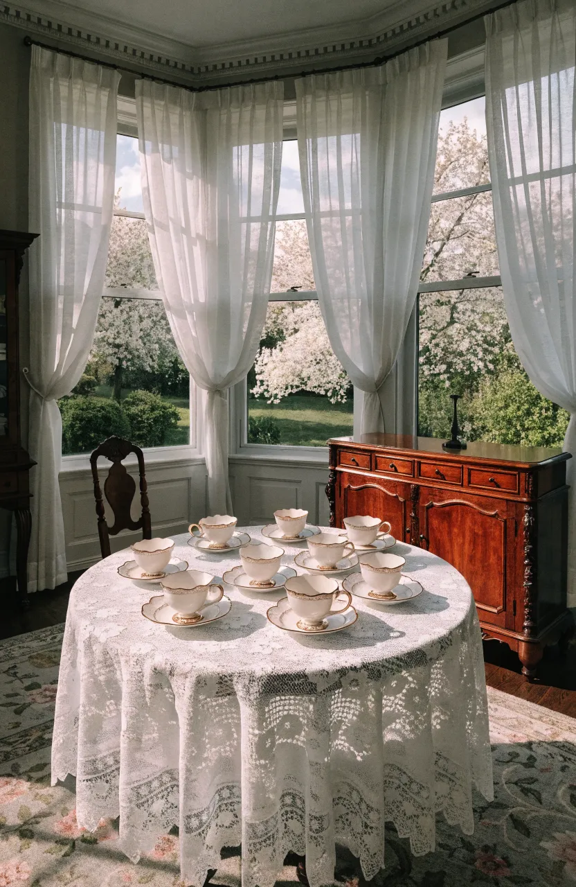 A sunlit Victorian room featuring scalloped edge pedestal teacups on a lace-covered table.