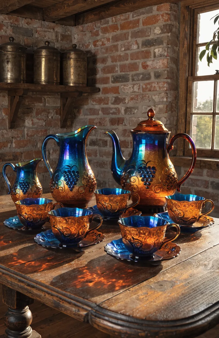 Shimmering marigold and blue carnival glass tea set catching bright sunlight by a window.