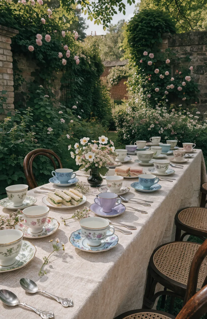 A variety of mismatched vintage floral teacups arranged on a long table in a lush garden.