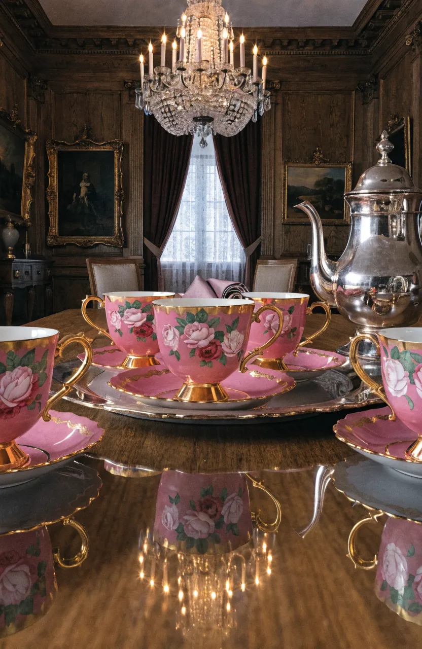 Detailed cabbage rose teacups with gold trim on a silver tray in a formal dining room.