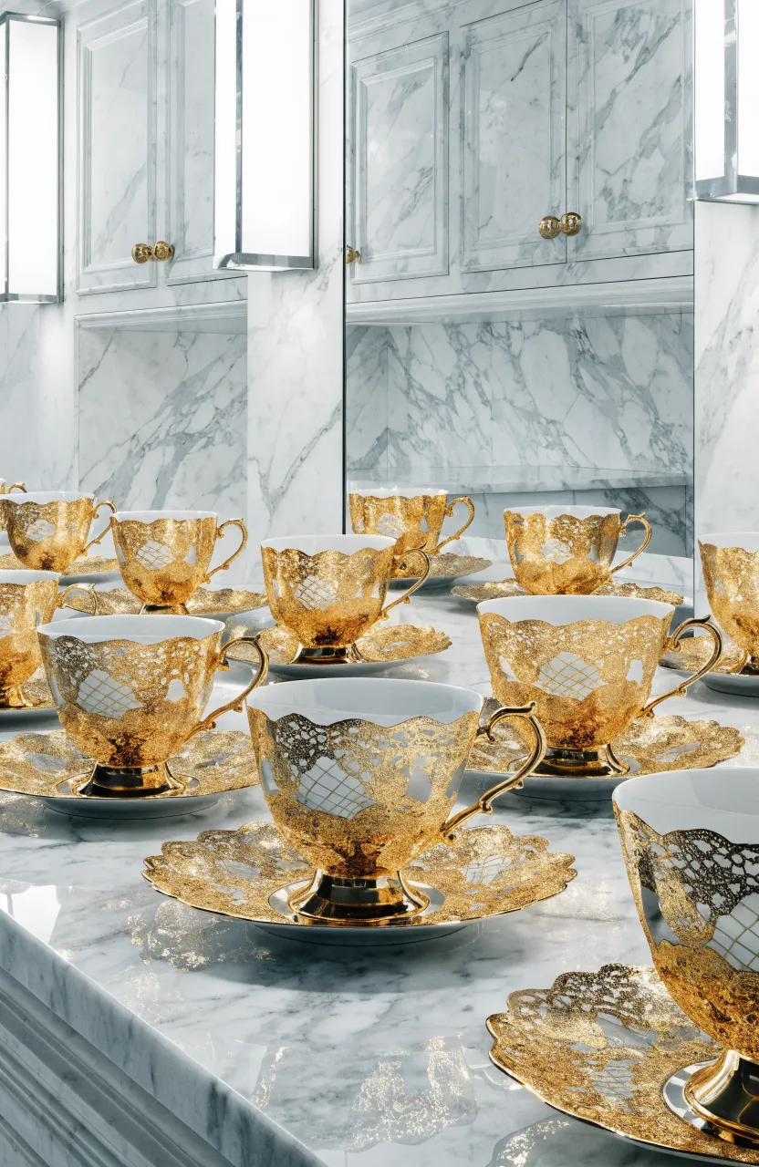 Intricate gold filigree teacups displayed on a white marble surface in a bright kitchen.
