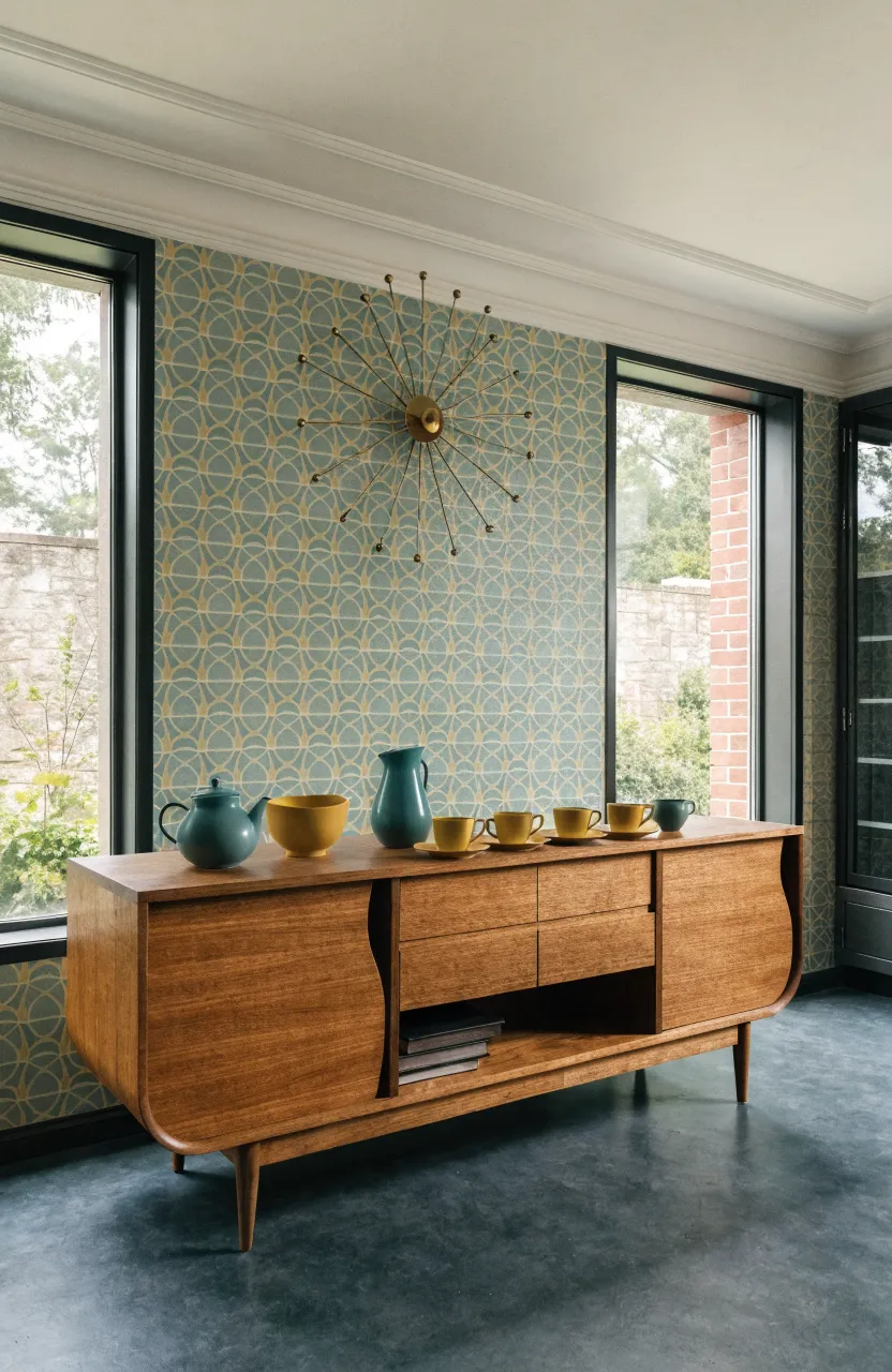 Sleek matte teal and yellow mid-century modern tea sets on a vintage teak sideboard.