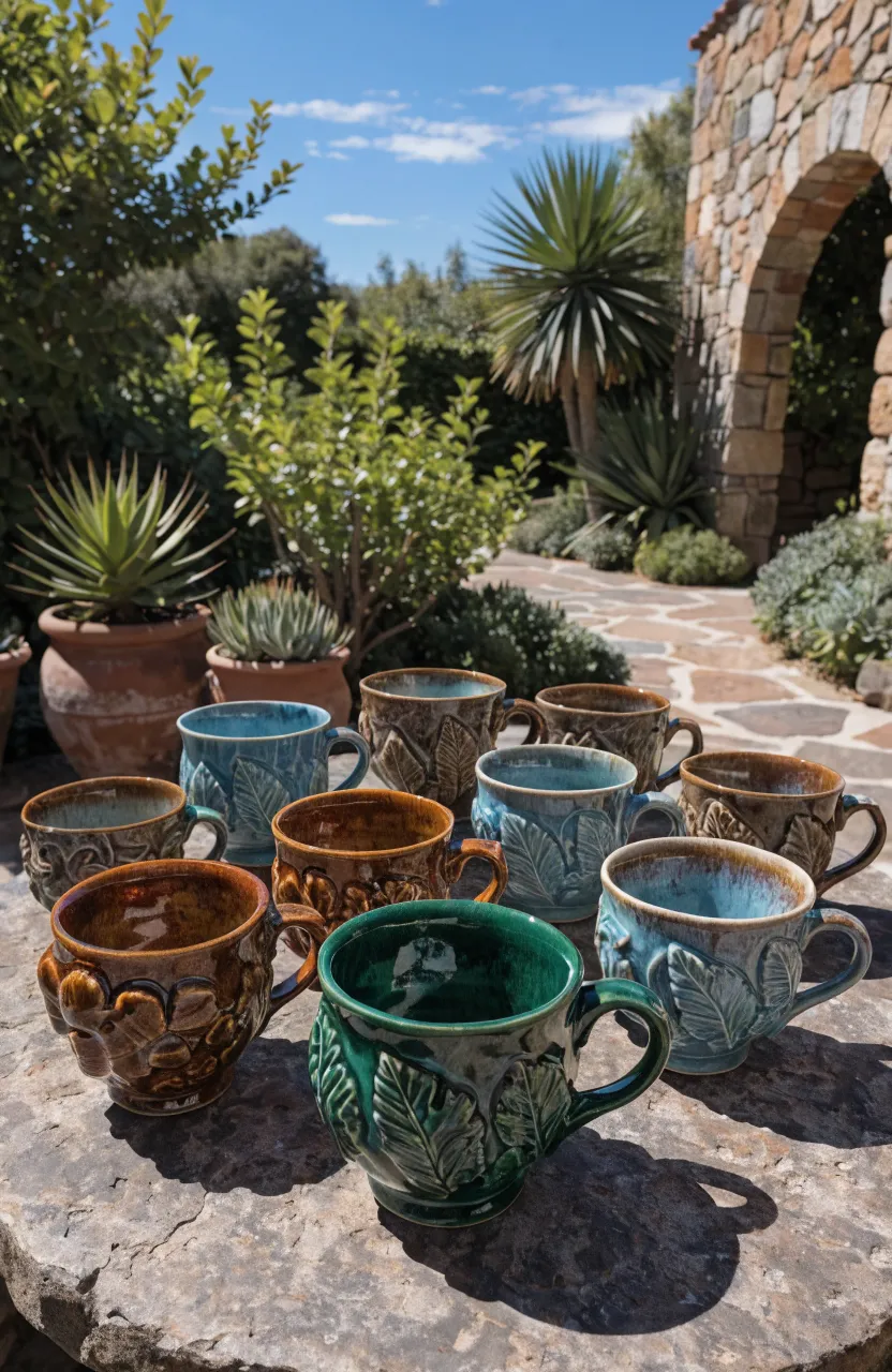 Sculptural Majolica teacups with 3D leaf patterns on a rustic stone garden table.