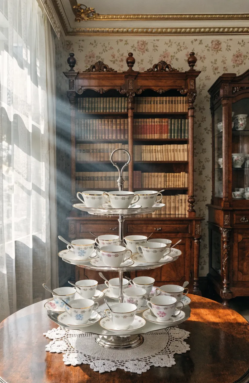 A collection of miniature vintage porcelain teacups displayed on a tiered stand in a sunlit Victorian room.