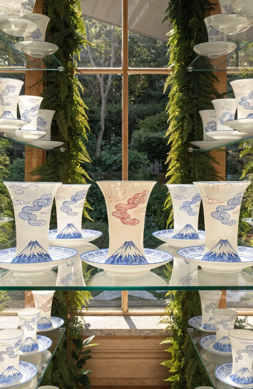Translucent Japanese eggshell china teacups with hand-painted landscapes displayed in a bright sunroom.