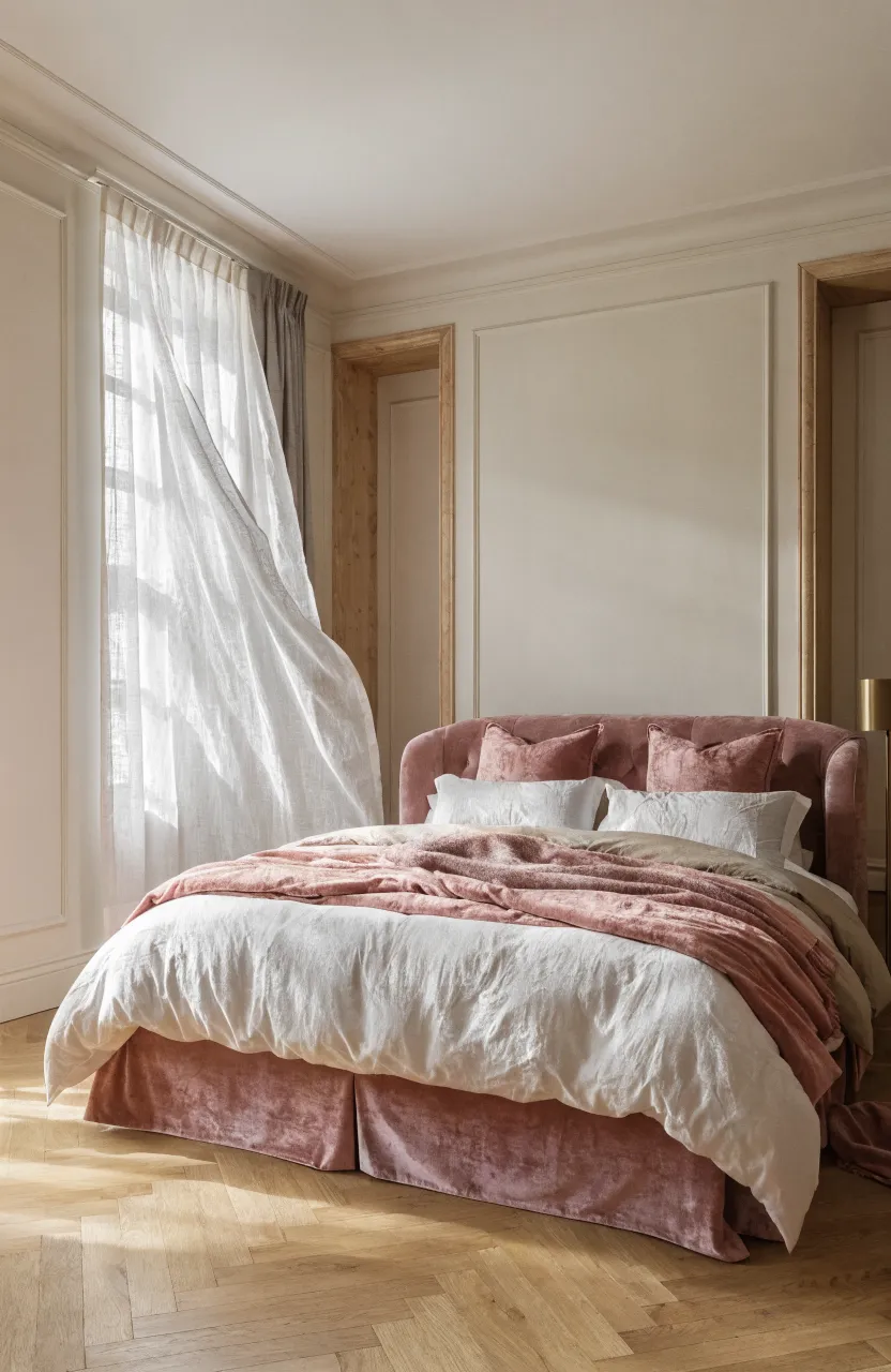 A sophisticated bedroom featuring a dusty rose velvet bed frame and cream walls in soft natural light.