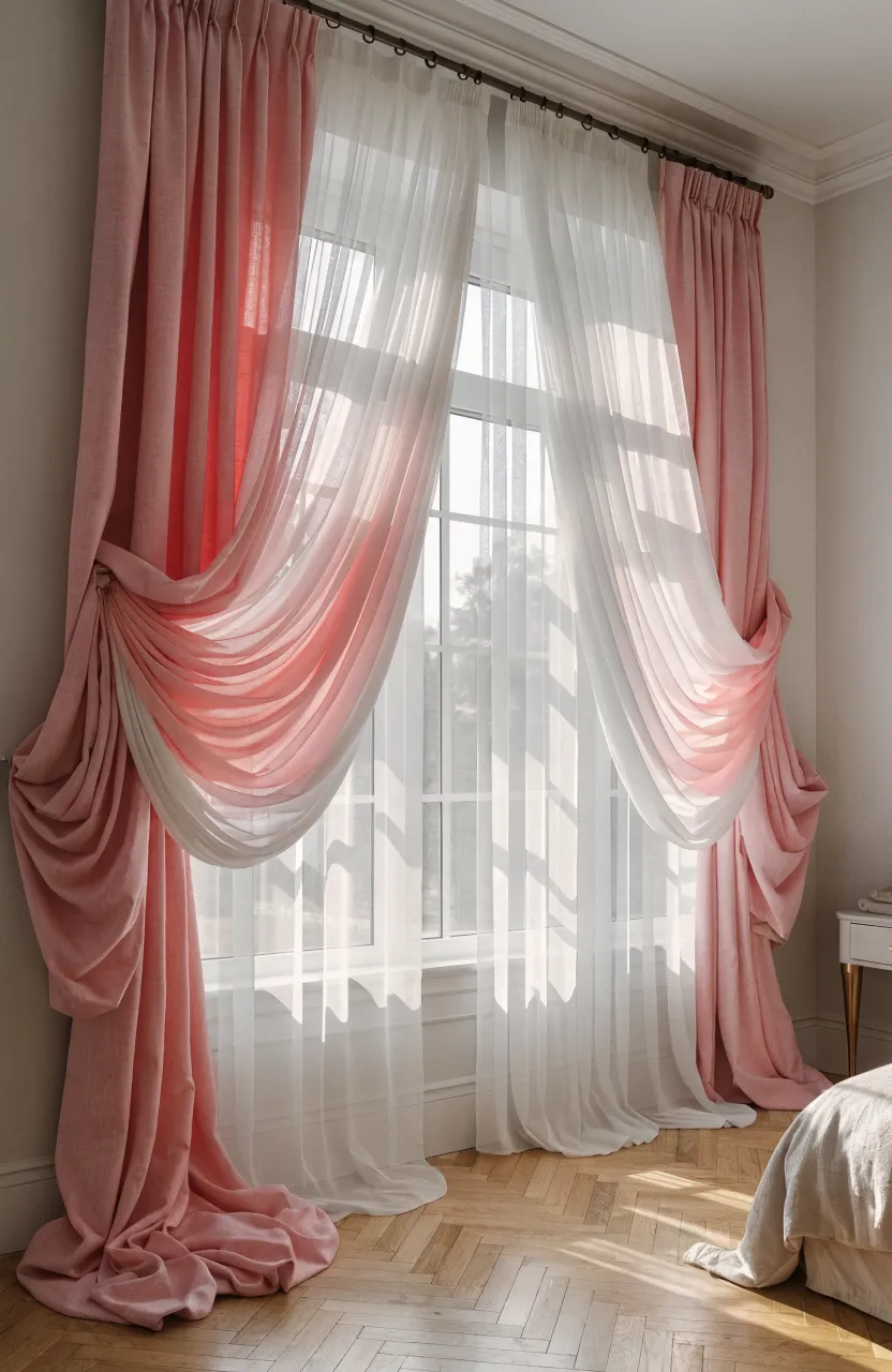 Soft pink blackout curtains with white sheer overlays hanging in a bright, airy bedroom.