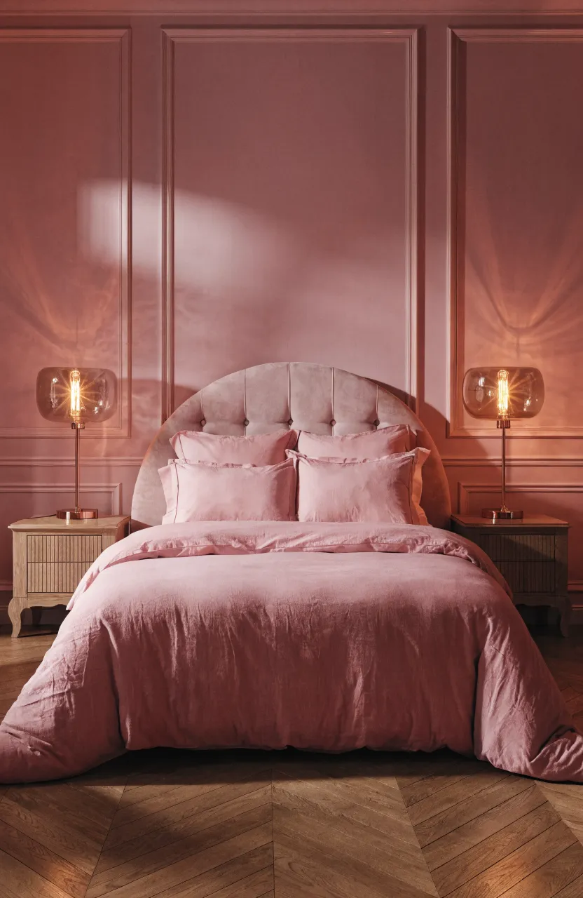 Two rose gold bedside lamps with glowing Edison bulbs on nightstands in a warm pink bedroom.