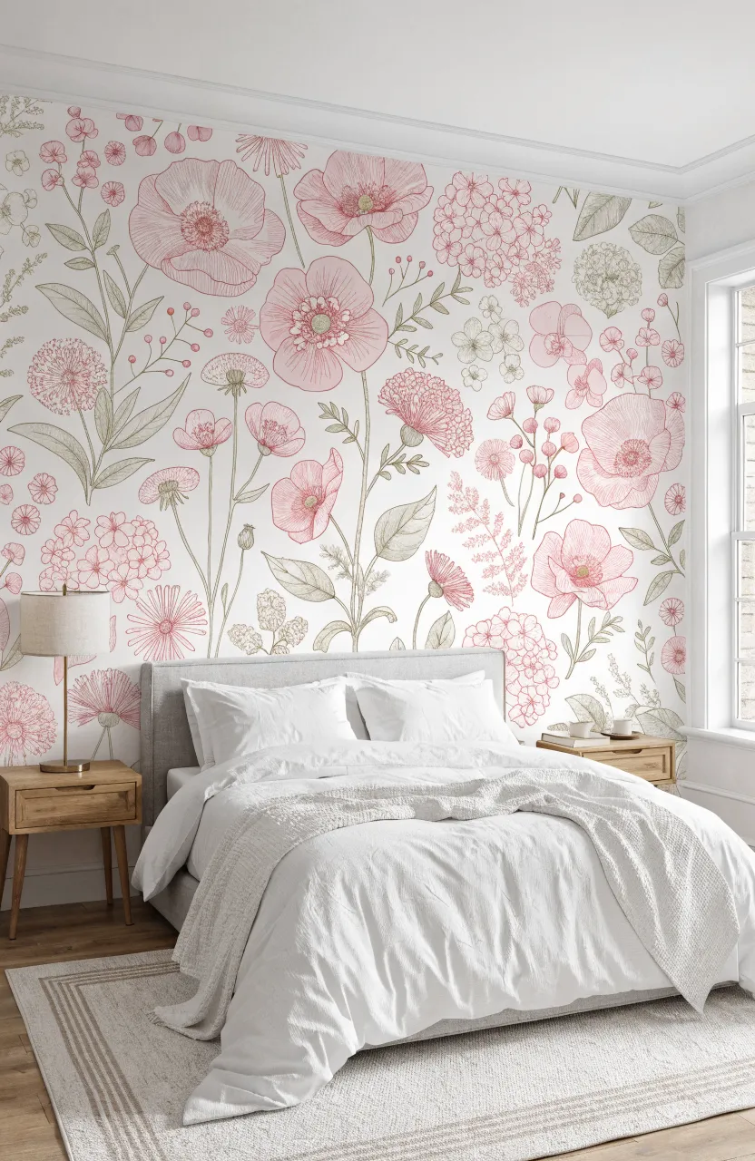 A bedroom accent wall with pastel pink floral wallpaper behind a modern grey headboard.