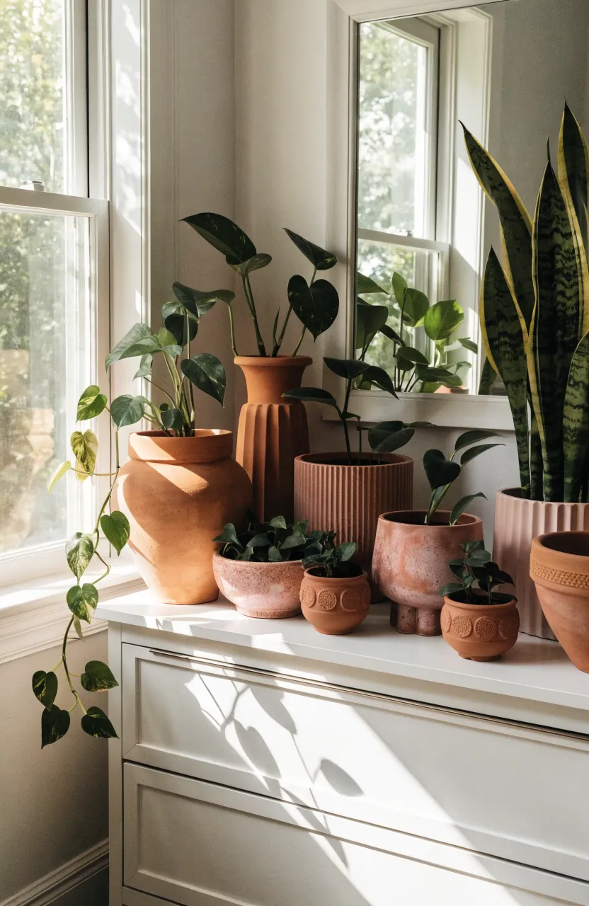 Green plants in terracotta and pink ceramic pots arranged on a white dresser in a bedroom.