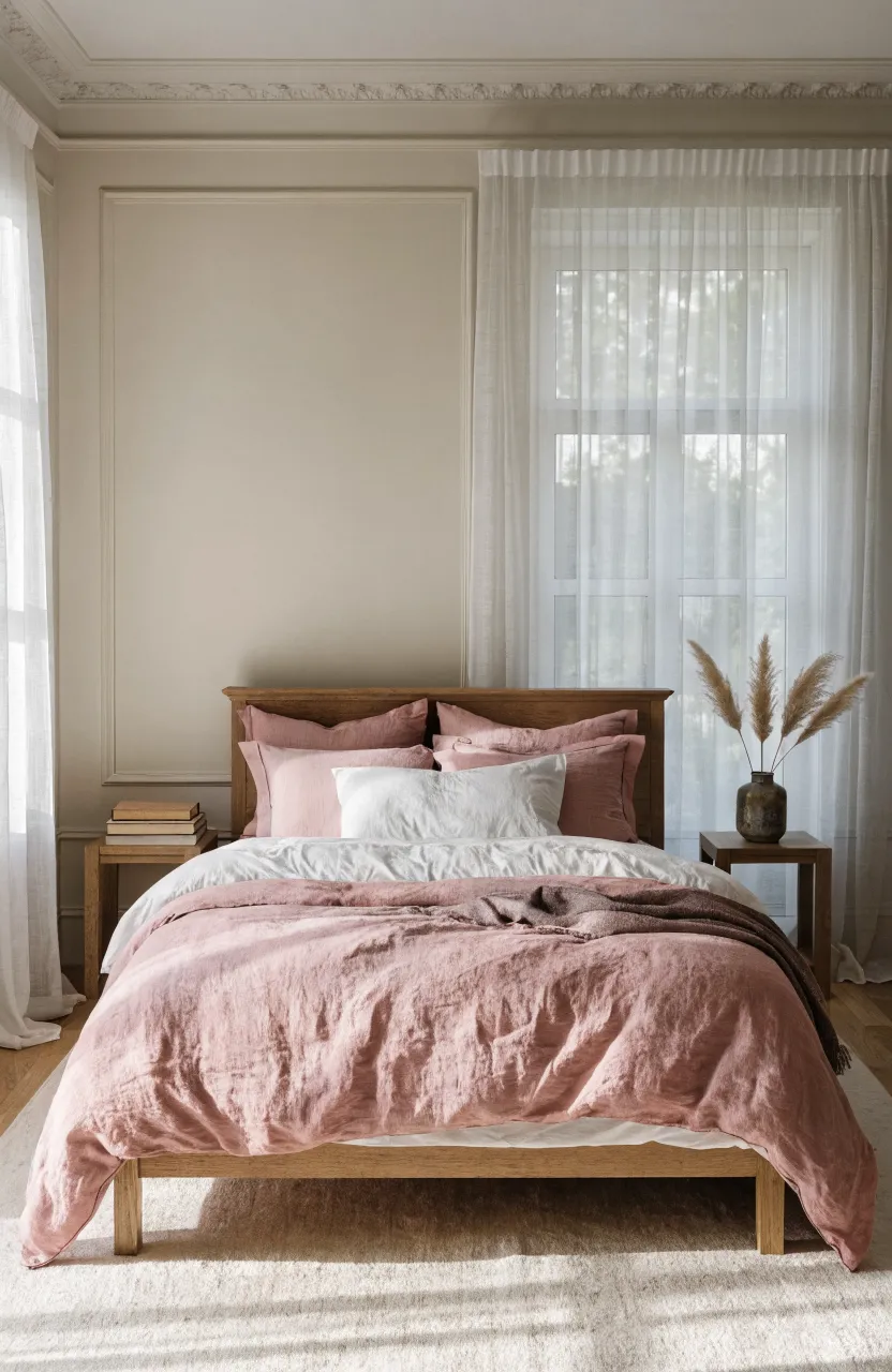 A wide shot of a cozy bedroom featuring a light pink linen duvet cover on a minimalist bed.