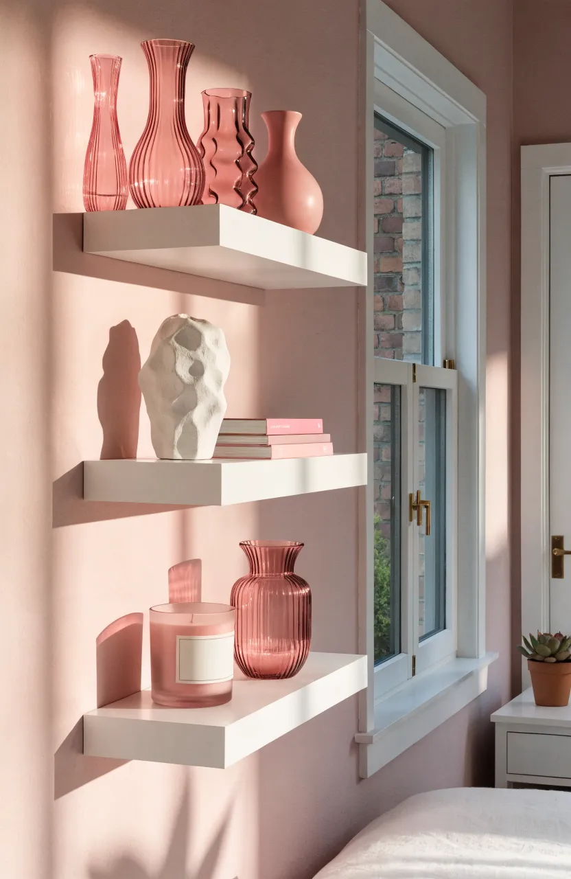White floating shelves with pink vases and books on a soft pink bedroom wall.