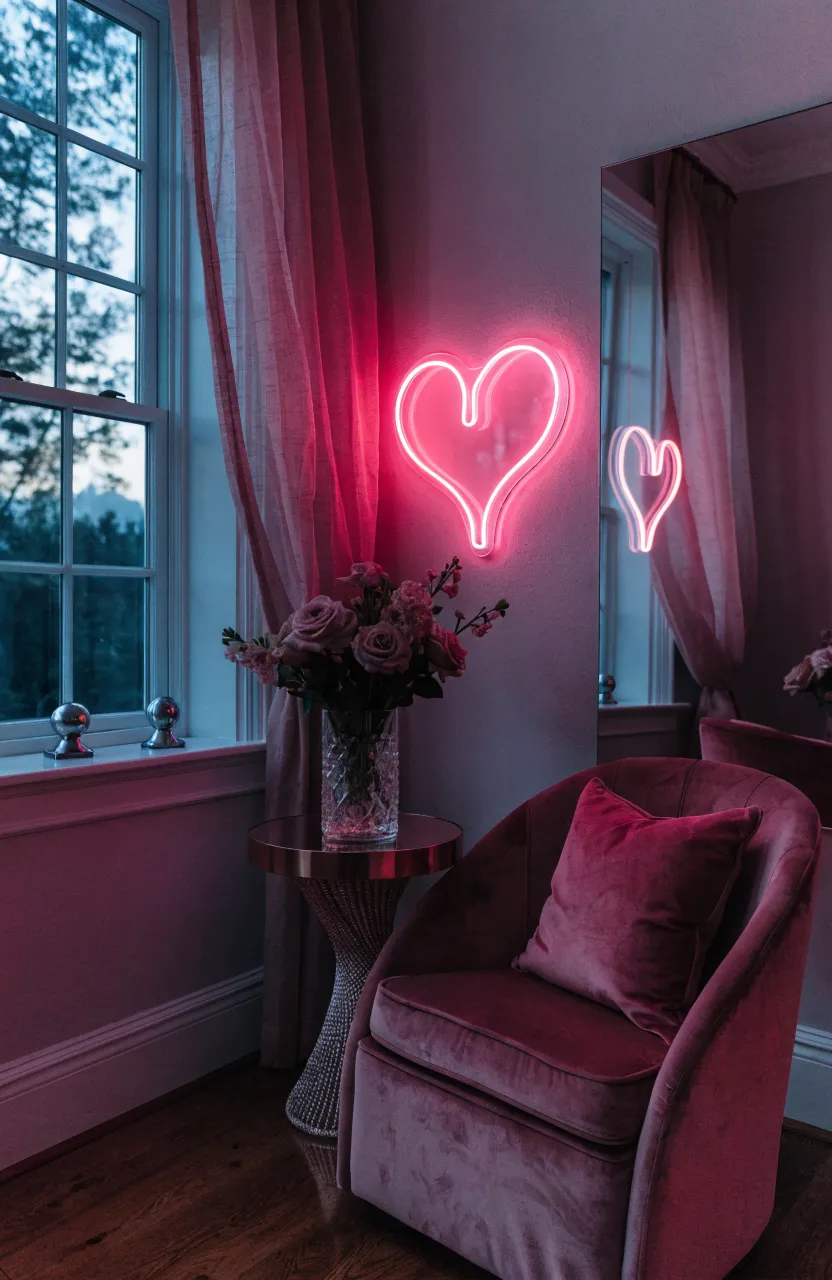 A glowing pink neon heart sign on a bedroom wall creating a cozy evening atmosphere.