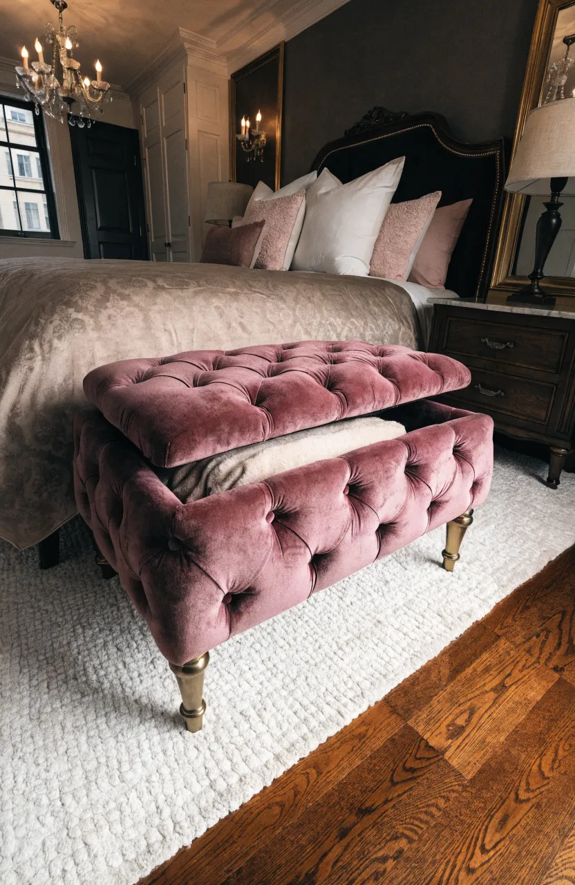 A mauve tufted velvet ottoman at the foot of a bed in a stylish pink-themed bedroom.
