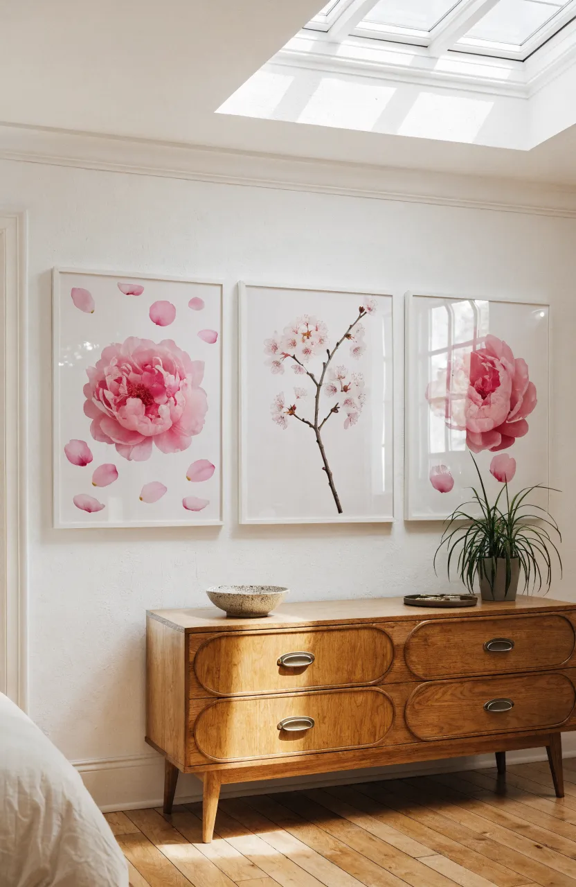 Three framed botanical prints with pink flowers hanging on a white bedroom wall.