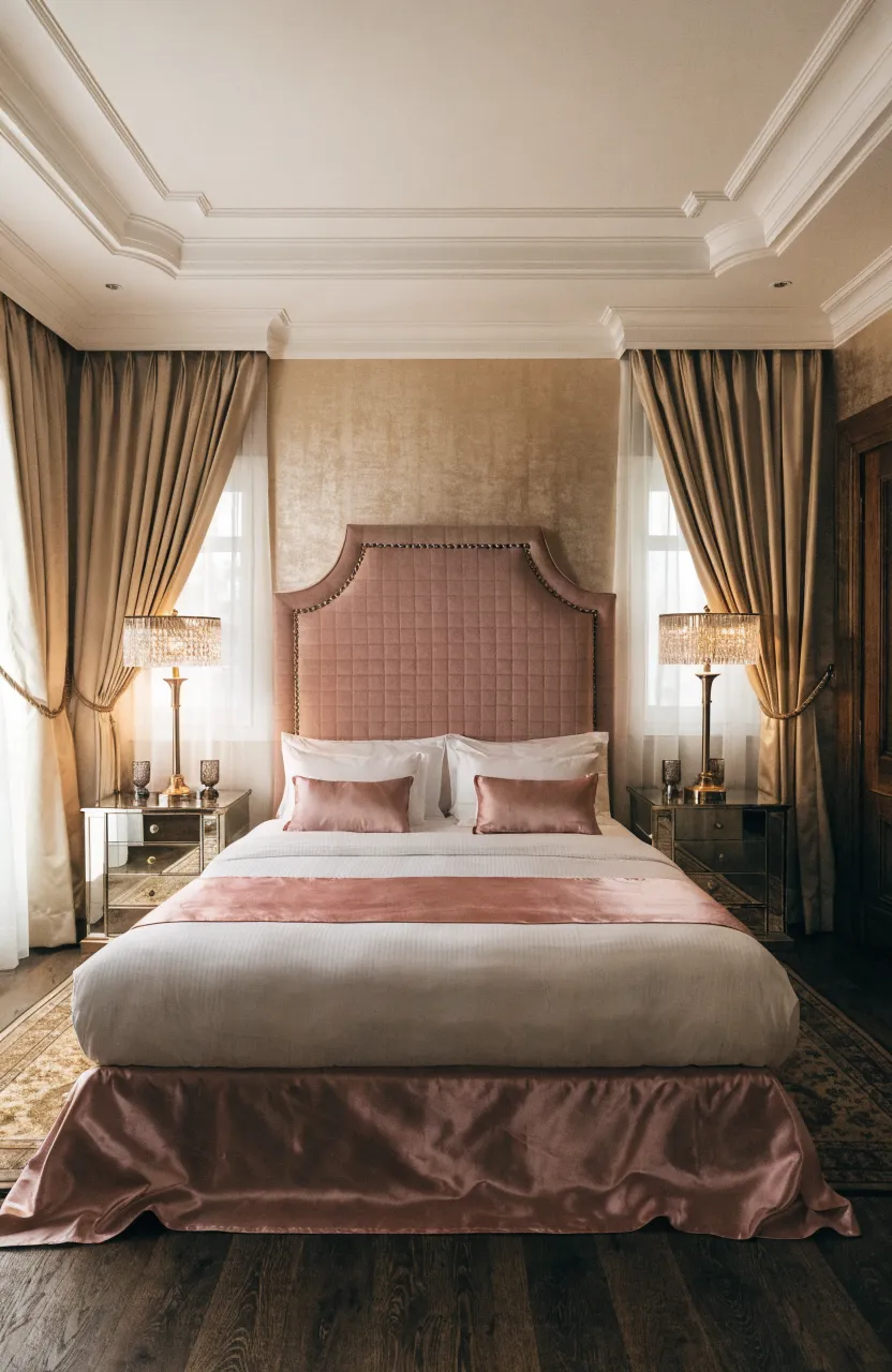 A dusty rose quilted headboard with brass studs in a luxurious bedroom setting.
