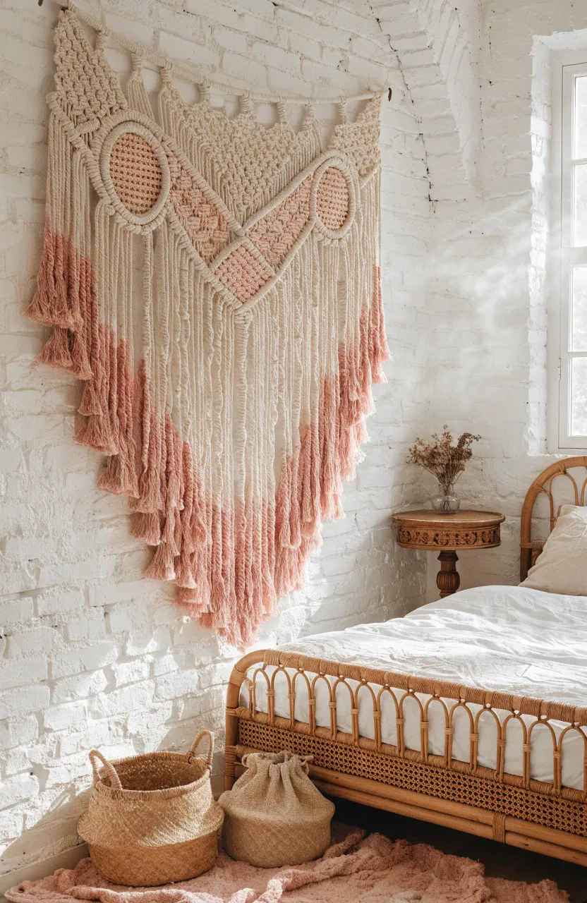 A large cream and pink macrame wall hanging above a bed in a boho-style bedroom.