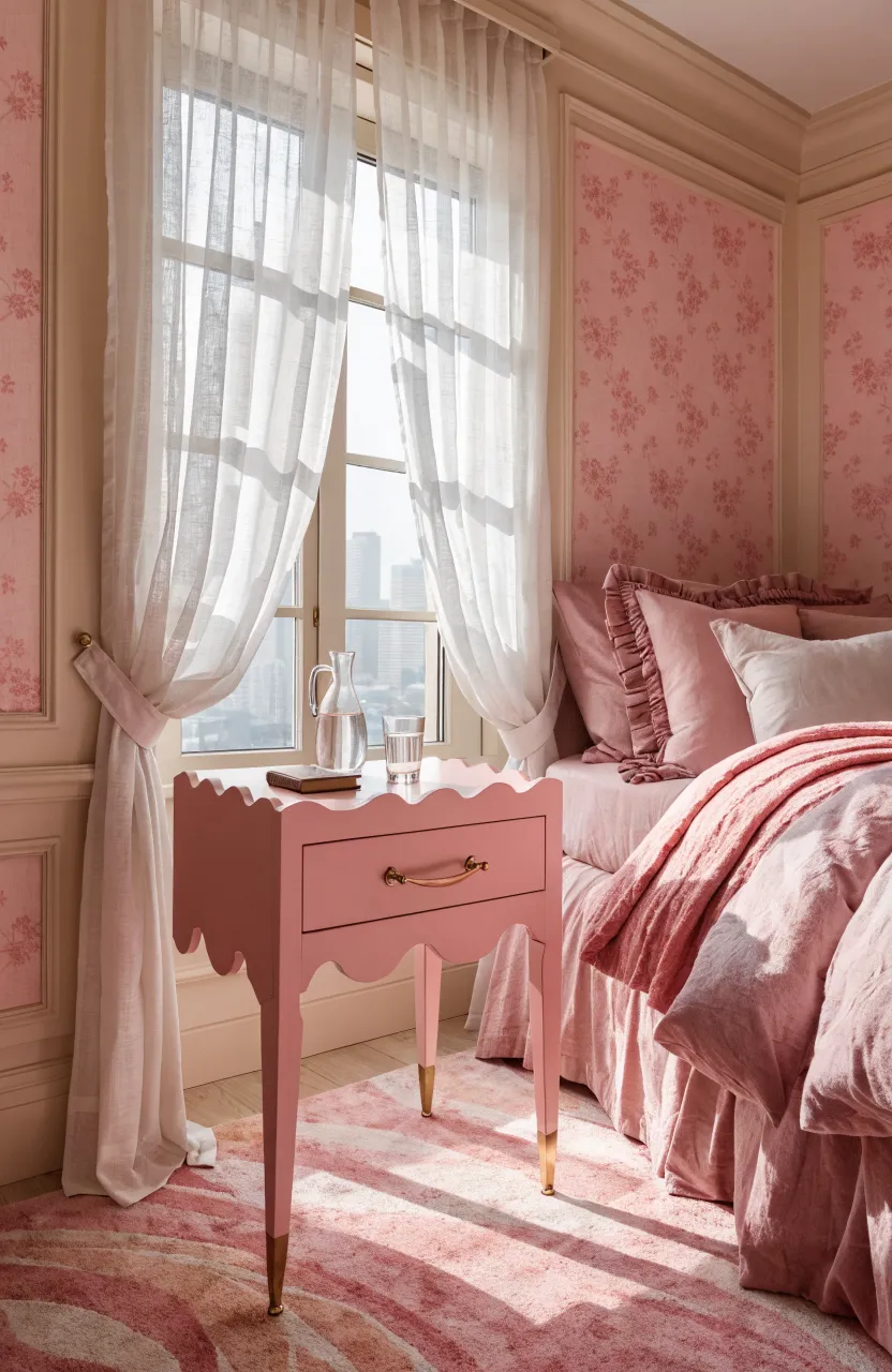 A stylish pink nightstand with scalloped edges in a bright, cozy bedroom with soft pink bedding.