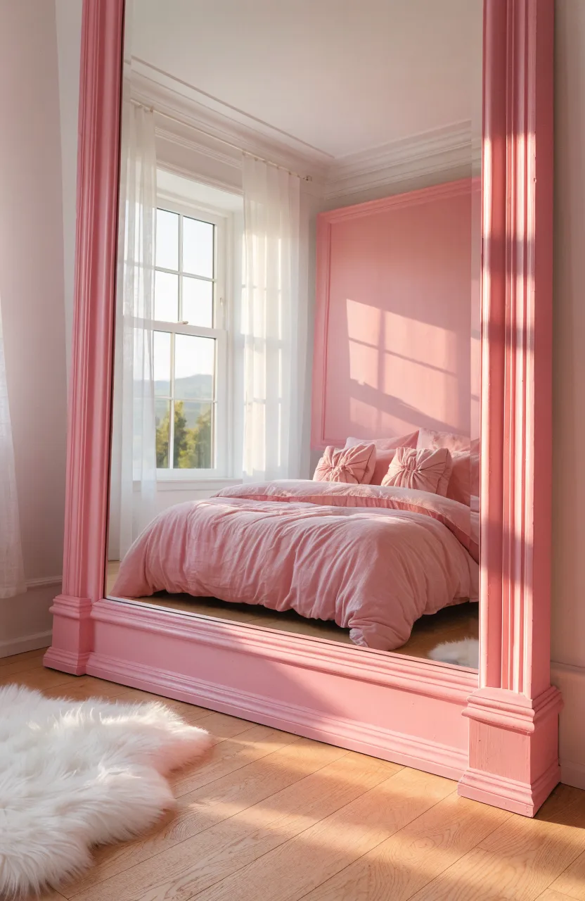 A full-length mirror with a soft pink wooden frame leaning against a wall in a bright bedroom.