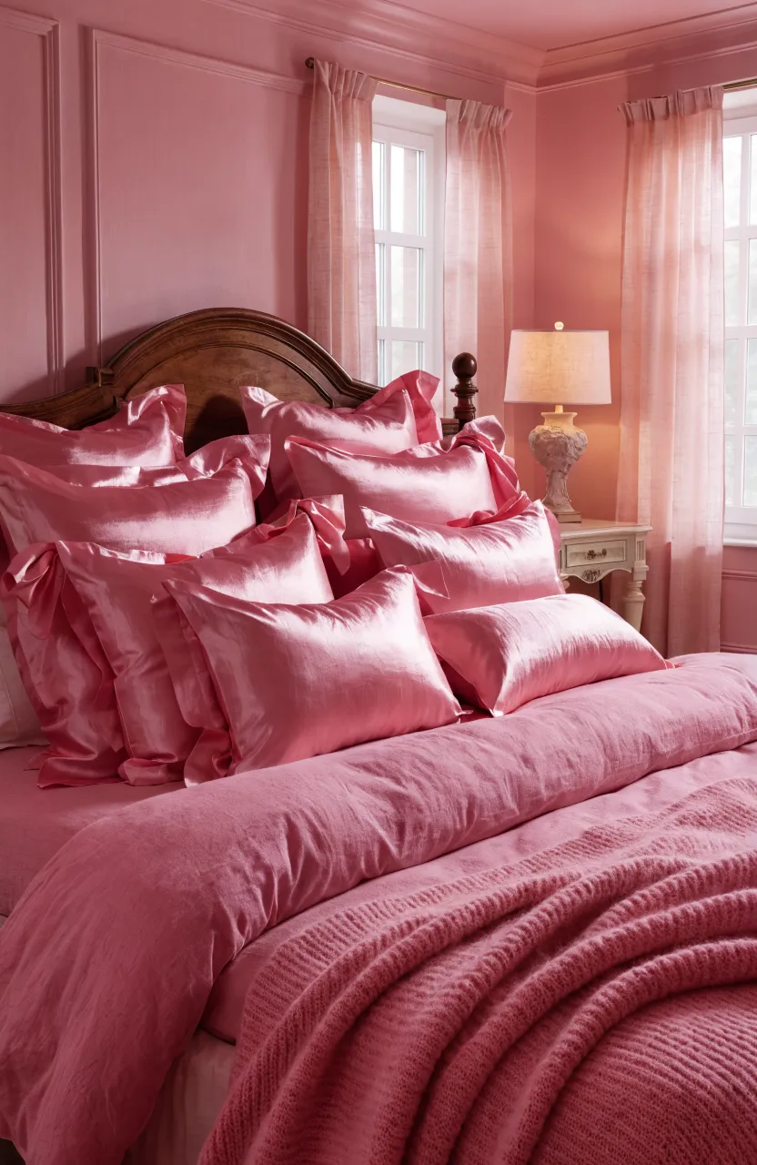 Lustrous pink silk pillowcases layered on a cozy bed with matching pink and ivory bedding.