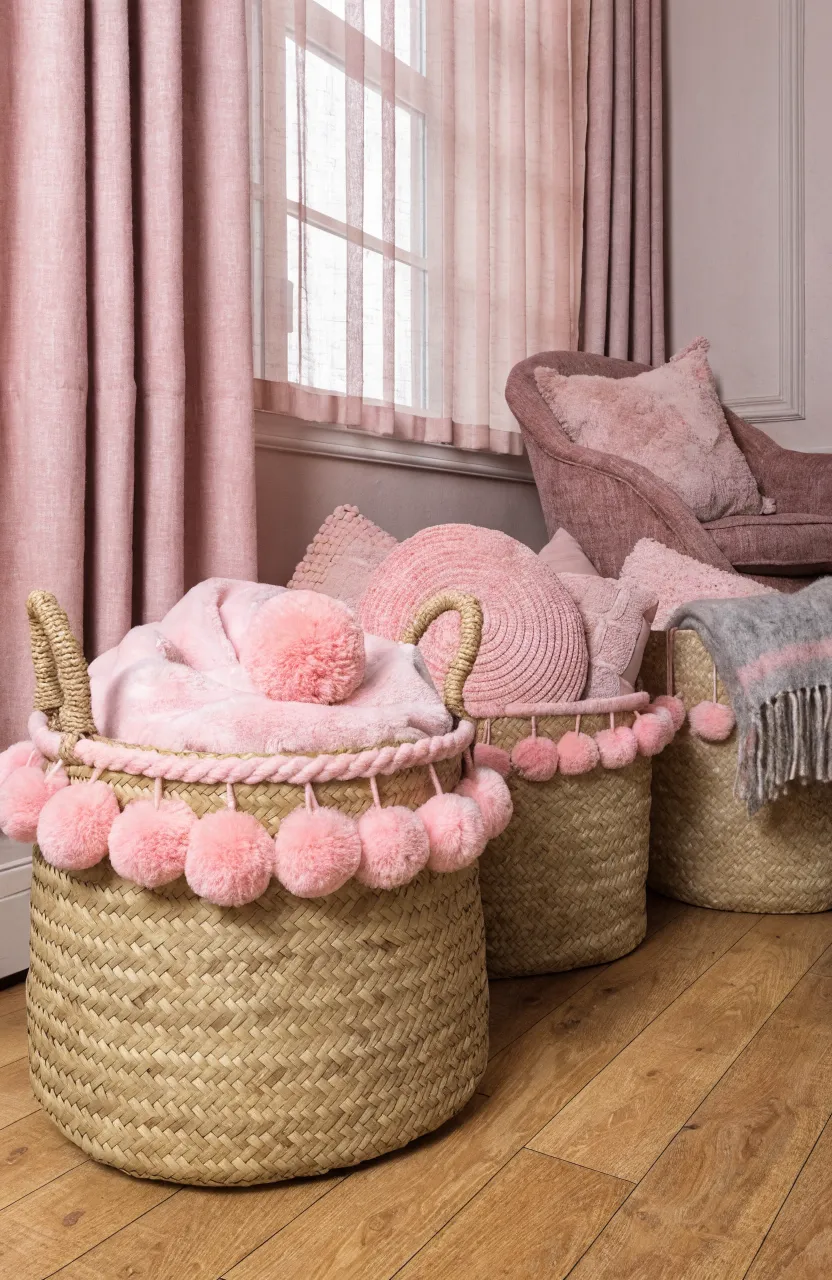 Natural woven baskets with pink pom-pom details used for storage in a tidy pink bedroom.